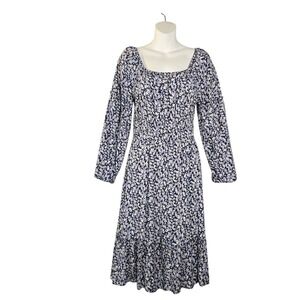 Naif Ditsy Floral Midi Dress Womens Small Blue White Smocked Waist Feminine Boho